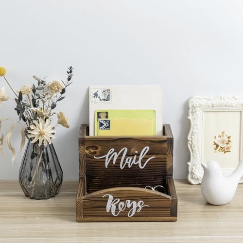 MyGift Burnt Wood Entryway Mail Organizer with Key Storage Tray | Farmhouse-inspired storage solution keeps letters, notes, and everyday essentials tidy with a charming distressed wood finish - color: Burnt Wood