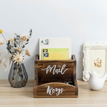 MyGift Burnt Wood Entryway Mail Organizer with Key Storage Tray | Farmhouse-inspired storage solution keeps letters, notes, and everyday essentials tidy with a charming distressed wood finish - color: Burnt Wood