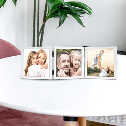WUTL 3 Picture Frame Triple Collage 5x5 Frames with Real Glass White | Trifold Photo Frame, Hinged Foldable, Crystal Clear Real Glass - color: White, size: 5x5