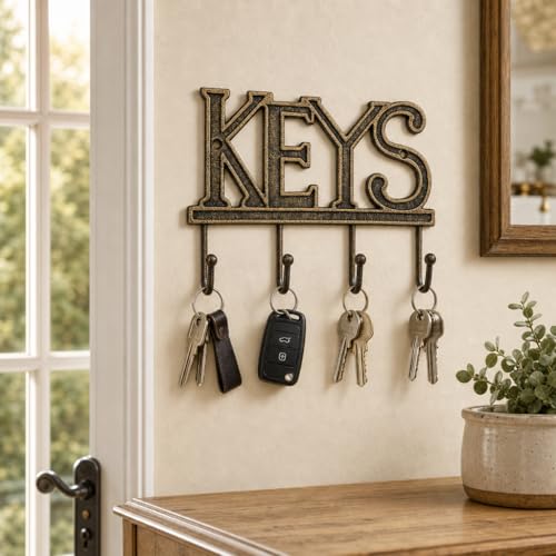 Comfify Gold-Black Cast Iron Key Holder for Wall – Keys Sign with 4 Hooks | Warm gold with black antique finish; mounting hardware included; entryway, hallway or door; 6"H x 8"L; holds 8 keychains - color: Gold with Black