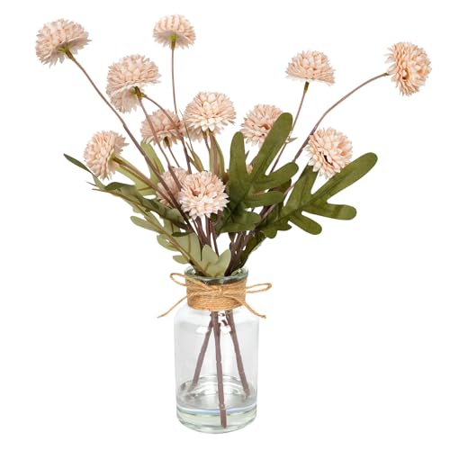 Velener Beige Faux Silk Mums Fake Flowers in Vase With Faux Water, Fake Plants Artificial Flowers For Home Decor Kitchen Bathroom Farmhouse Living Room Coffee Table Small Centerpieces For Table 1 Pack - color: Beige Silk Mums