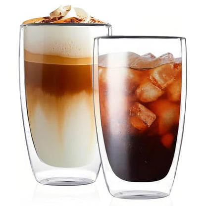 Glass Coffee Mugs Set of 2, Insulated Thermal Cups 15.2oz, Double Wall Clear Glass Coffee Cup for Tea/Juice/Milk, Latte Cappucino Espresso mug Glassware Gift for Christmas Birthday