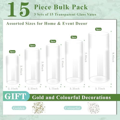 15pcs Clear Glass Vase for Centerpieces, 4,6,7.5,8,10 inch Tall Cylinder Flower Vase Bulk Floating Candle Holder for Wedding Table Home Décor and Party - size: 4+6+7.5+8+10inch