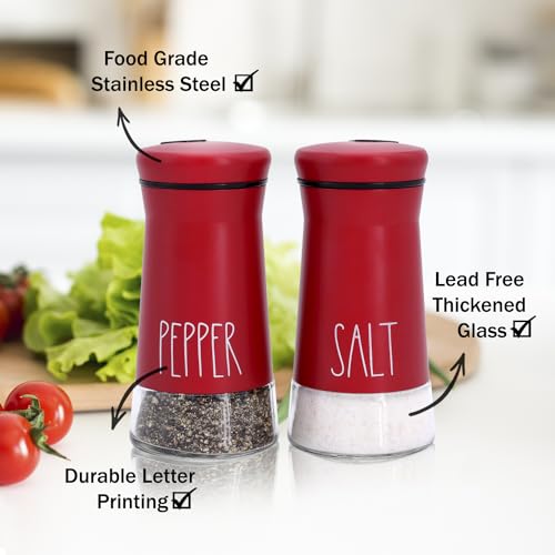 Red Salt and Pepper Shakers with Adjustable Pour Holes, Refillable Salt Shaker by Aelga, Ideal for Himalayan, Kosher, Black and White Pepper, Red Kitchen Accessories - color: Red