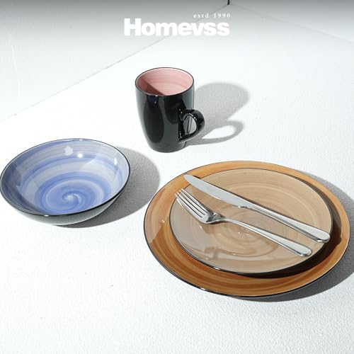 HomeVss, Sonoma 16pc Stoneware Dinnerware Set, Outside Black + Inside Hand Painting Combi Colors of Cobalt, Mocha, Rose and Spice with Speckle - color: Combi Cobalt, Mocha, Rose and Spice