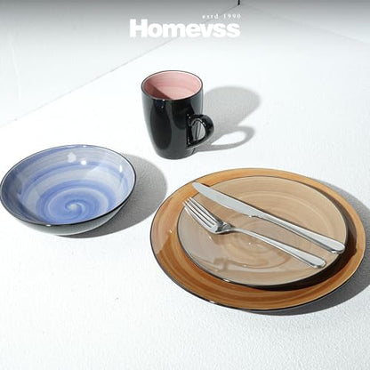 HomeVss, Sonoma 16pc Stoneware Dinnerware Set, Outside Black + Inside Hand Painting Combi Colors of Cobalt, Mocha, Rose and Spice with Speckle - color: Combi Cobalt, Mocha, Rose and Spice