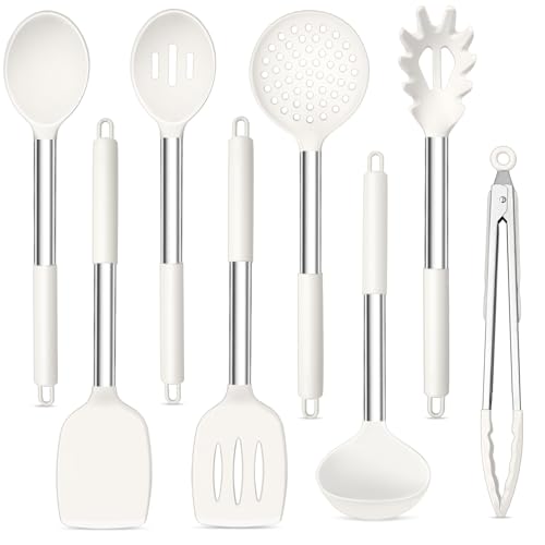 TeamFar Kitchen Utensils Set of 8, Silicone Utensils Kitchen Tools-White | Stainless Steel Handle, for Nonstick Cookware Cooking Stirring Turning, Food Grade & Heat Resistant, Dishwasher Safe - White - color: White