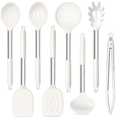TeamFar Kitchen Utensils Set of 8, Silicone Utensils Kitchen Tools-White | Stainless Steel Handle, for Nonstick Cookware Cooking Stirring Turning, Food Grade & Heat Resistant, Dishwasher Safe - White - color: White