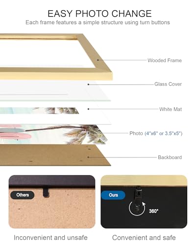 Hongkee 4x6 Picture Frame (4 Pack, Gold), Made of Real Glass and Wooden Frame - Display Pictures 3.5x5 with Mat or 4x6 Without Mat, 4 by 6 Photo Frames TableTop Display and Wall Mounting - color: Gold, size: 4x6 in