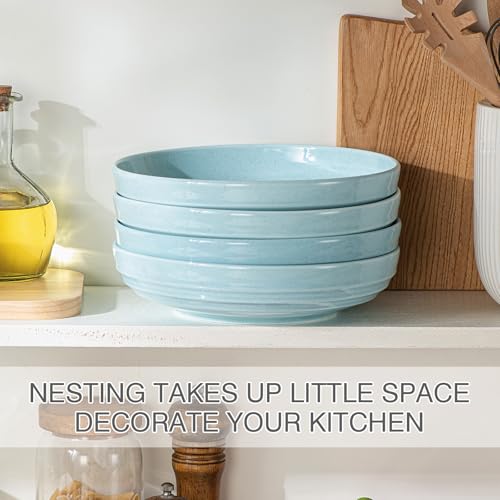 HAPPY KIT Stoneware 9'' Pasta Bowls 42oz Set of 4, Ocean Current Blue - color: OceanBlue