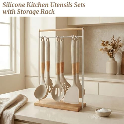 Chef Kitchen Cooking Utensils Set, Heat Resistant Silicone Kitchen Utensils Sets with Storage Rack, 7PCS Gadgets Tools Set with Wooden Handle for Nonstick Cookware,Tongs, Turner, Skimmer (White) - color: White