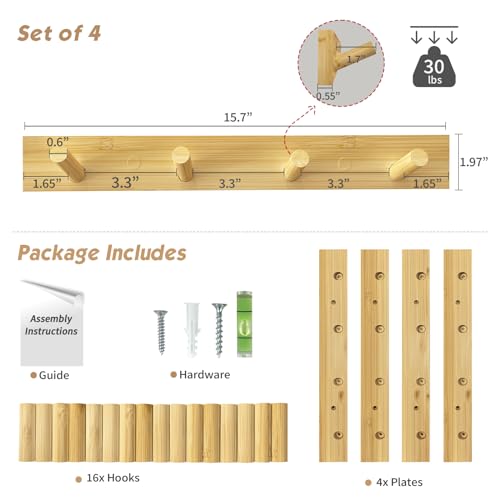 Forbena Natural Wood Coat Rack Wall Mount Set of 4, Wooden Wall Hooks for Bathroom Towels, Vertical Coat Hanger for Kids Room, Boys Girls Bedroom, Office, Entryway Keys Hats and Shoes -16 Hooks - color: Bamboo Wood