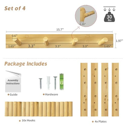 Forbena Natural Wood Coat Rack Wall Mount Set of 4, Wooden Wall Hooks for Bathroom Towels, Vertical Coat Hanger for Kids Room, Boys Girls Bedroom, Office, Entryway Keys Hats and Shoes -16 Hooks - color: Bamboo Wood
