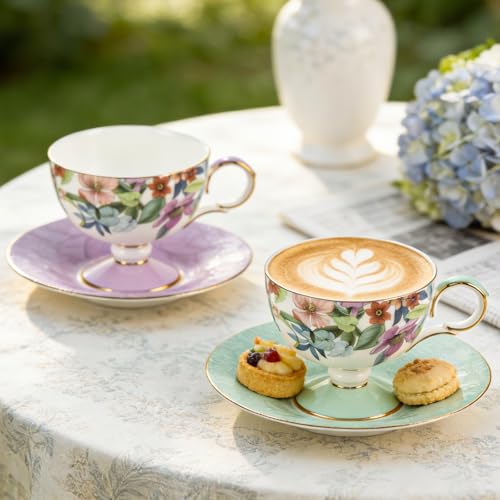KAMMAK Tea Cups Set of 2,Ceramic Floral Pattern Demitasse Cup | Porcelain Espresso Cup with Saucer, 6.52 oz Handmade Elegant Bone China Tea Cups for Latte, Americano, Cappuccino - color: Lightly Dancing (Green + Purple)