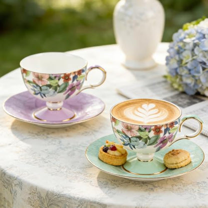 KAMMAK Tea Cups Set of 2,Ceramic Floral Pattern Demitasse Cup | Porcelain Espresso Cup with Saucer, 6.52 oz Handmade Elegant Bone China Tea Cups for Latte, Americano, Cappuccino - color: Lightly Dancing (Green + Purple)