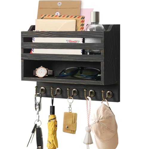 Key Holder Wall Mount with Mail Organizer, 5 Key Hooks, Black | Wood Mail Organizer Wall Mounted with 5 Key Hooks & Storage Box and Mail Organizer for Entryway, Apartment, Home and Office - color: Black