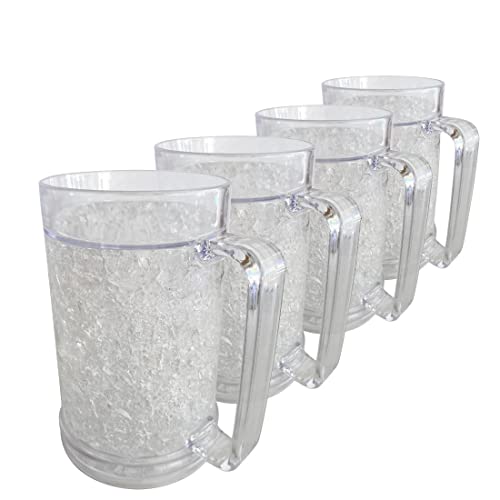 Lily's Home Freezer Beer Mugs with Handles, 16 oz Set of 4 – Clear Frosted Double Wall Insulated Acrylic, Gel-Filled, Break-Resistant for Home Bar, Pool Parties, BBQ & Outdoor - style: With handle(16oz)