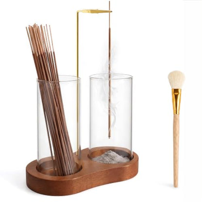 2 in 1 Incense Holder,Wood Incense Sticks Holder with Glass Ash Catcher and Brush,Upside Down Anti-Ash Incense Stick Burner for Spa,Meditation,Home Decor
