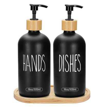2 Pack 16 Oz Glass Soap Dispenser Set with Tray, Hand Dish Soap Dispenser Set for Bathroom and Kitchen Bottle Dispenser with Dish Soap, Hand Soap, Lotion (Black（Hands） Black (Dishes)) - color: Black（hands）black (Dishes)