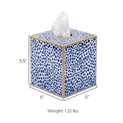Jaye’s Studio Decorative Square Tissue Box Cover for Bathroom & Home, Premium Tissue Box Holder, Blue & White Print, Luxury Gold Trim & Accents, Shagreen Pattern, Luxury Handmade Metal Decor