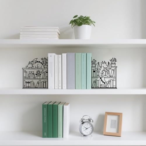 Metal Bookends Dragon Book Ends for Shelves | Dragon Bookends Decorative Unique Desk Bookend Black Book Stopper for Home Reading Bookshelf Decor Book Lovers Gift - style: Dragon