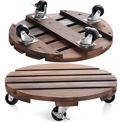 HOHY 2PCS Plant Caddy 12" Plant Stand with Wheels Wood Rolling Plant Stand | Plant Dolly Rollers with 360° Metal Lockable Casters, Heavy Duty Planter Caddies, Easy to Move, 240 Lb Capacity