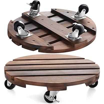 HOHY 2PCS Plant Caddy 12" Plant Stand with Wheels Wood Rolling Plant Stand | Plant Dolly Rollers with 360° Metal Lockable Casters, Heavy Duty Planter Caddies, Easy to Move, 240 Lb Capacity