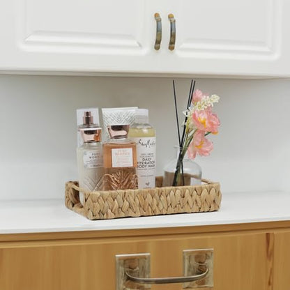Water Hyacinth Bathroom Vanity Tray with Handle, 11 Inch | Toilet Tank Basket, Bathroom Counter Organizer, Small Wicker Tray, Toiletry Storage, Woven Decor - size: 11.1" x 7.1" x 2.2"