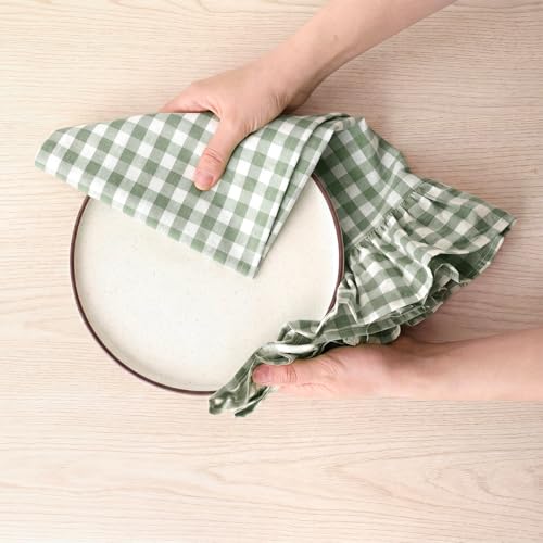 HunnmingRe Green Kitchen Towels Set of 2, 100% Cotton Ruffled Gingham Dish Towels 18"x28" Absorbent Tea Cloths Classic Plaid Pattern for Farmhouse Charm, Drying Dishes, Entertaining Guests - color: Green, style: Gingham