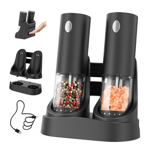 CIRCLE JOY Electric Salt and Pepper Grinder Set Automatic Salt and Pepper Grinder Set with Easy-to-Carry Charging Base and LED Light, USB Rechargeable, Upgrade External Adjustable Coarseness - color: Black