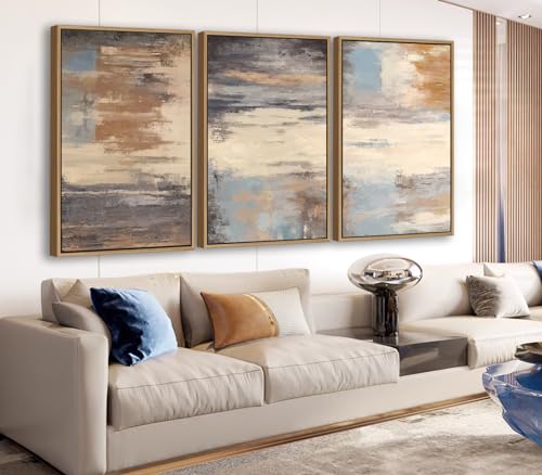 Large Framed Canvas Wall Art, Abstract Colorful Painting Picture, 32"X48"X3 | Modern Brown Beige Grey Lines Poster Artwork, Framed Light Blue Graffiti Print Decor, 32X48 Inch Set of 3, for Living Room - color: Sepia, size: 32" X 48" X 3pieces Framed