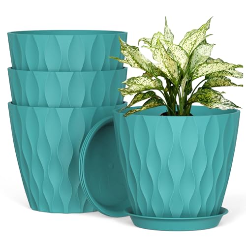UOUZ 8 Inch Plant Pots, 4 Pack Plastic Planters for Indoor Outdoor with Drainage Holes & Saucers, Waffle Texture Flower Pots for Indoor Plants, Indoor Plant Pots for Monstera, Fiddle Leaf Fig Blue - color: Blue, size: 4 pack