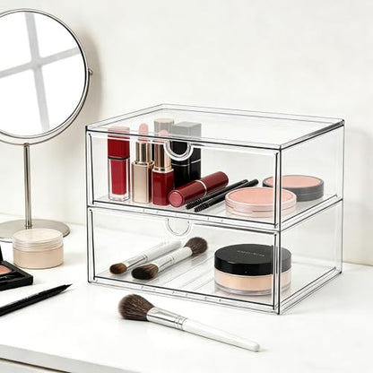 Prsildan Acrylic Makeup Organizer, 2 Pack Stackable Clear Storage Drawers for Baby Bottles Desk Organizers with 2 Drawers for Countertop Vanity Nursery Modular System for Cosmetics Jewelry - size: Stackable-2 Drawers