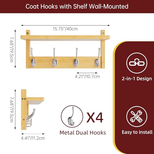 STELLSTAR Coat Rack with Shelf, 2 Pack Bamboo Wall-Mounted Coat Hanger with 8 Hooks for Entryway, Hallway, Kitchen, Bathroom, Living Room, Utility Room (Natural) - color: Natural