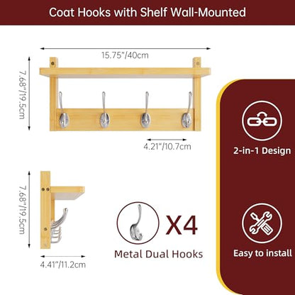 STELLSTAR Coat Rack with Shelf, 2 Pack Bamboo Wall-Mounted Coat Hanger with 8 Hooks for Entryway, Hallway, Kitchen, Bathroom, Living Room, Utility Room (Natural) - color: Natural