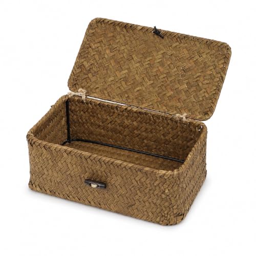 Seagrass Wicker Storage Basket with Lid, Small, Black | 9.05 x 5.11 x 3.34 Inch Box, Shelf Organizer, Rectangular Woven Bin, Small Item Storage, Decorative Color - color: Coffee, size: 9.05" x 5.11" x 3.34"