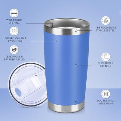 20 oz Tumbler Stainless Steel Tumblers Bulk with Lid Double Wall Insulated Coffee Tumbler Cups for Hot & Cold Drinks Powder Coated Travel Coffee Tumbler Mug Metal (Azure, 1 pack) - color: Azure, size: 20 Ounces