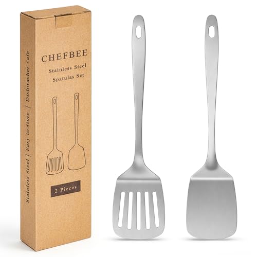 2PCS Stainless Steel Spatula Set, Solid & Slotted Turner | Heat Resistant, Heavy Duty Kitchen Utensils, Dishwasher Safe, For Flipping Fish Eggs Pancakes, Everyday Kitchen Cooking