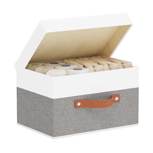 Storage Bin with Lid,White/Grey Basket,1Pack,13x9.1x7.9In | Storage Baskets with Handles,Fabric Clothing Boxes, Collapsible Organizer,Closet Container Cubes for Shelves Wardrobe - color: White/Grey, size: 13x9.1x7.9in(1-Pack)