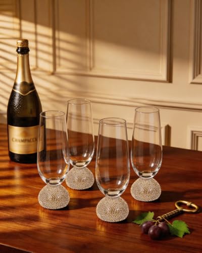 Stemless Fancy Champagne Flutes set of 4,Luxury Crystal Wedding Glasses | 10 oz Hand Blown Unbreakable Mimosa Glasses,for Weddings, Anniversaries, Christmas, Special Days (Gold Clear) - color: Gold Champagne glass