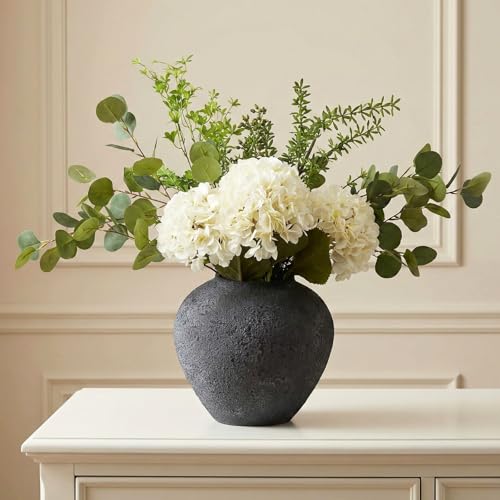 Faux Arrangement - Eucalyptus & White Hydrangea Flowers, Large Artificial Floral Greenery Centerpieces for Tables, Modern Farmhouse Decor for Dining Room, Kitchen & Coffee Table, 30 inches Tall - color: Large White Hydrangea