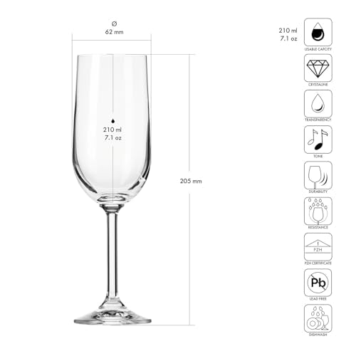 KROSNO Champagne Flutes Set of 6, 7.1 oz, Gema Collection | Drinking Glasses for Prosecco, Mocktails, Mimosa, Lead-Free Crystal Glassware, Dishwasher Safe - size: 210 milliliters