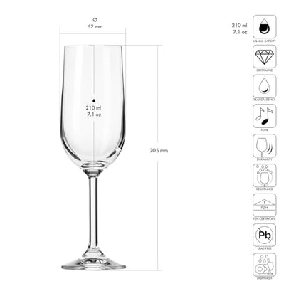 KROSNO Champagne Flutes Set of 6, 7.1 oz, Gema Collection | Drinking Glasses for Prosecco, Mocktails, Mimosa, Lead-Free Crystal Glassware, Dishwasher Safe - size: 210 milliliters