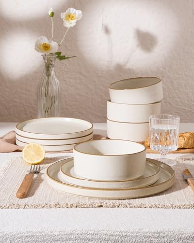 Famiware Nebula 24-Piece Dinnerware Set, Matte Beige White with Brown Rim | Stoneware Plates and Bowls, Handmade Reactive Glaze, Microwave & Dishwasher Safe, Chip & Scratch Resistant - color: Matte Beige White with Brown Rim, size: Service for 8 (Standard