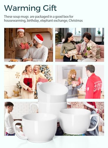 Teocera Soup Mugs with Handles, White Coffee Mugs Set of 4, Large Soup Cups - Striped Design - 24 Ounce Porcelain Jumbo Mugs Bowls for Coffee, Oatmeal, Hot Cocoa, Cereal - color: White