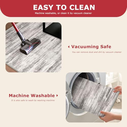 KOZYFLY Modern Abstract Washable Long Runner Rug 2.6x18 Hallway Rug Runner Non-Slip Soft Stair Runner Rugs, Grey/Light Beige/Brown Striped Carpet for Kitchen Entryway Bathroom - color: Grey/Light Beige/Brown, size: 2'8" x 18' (Runner)