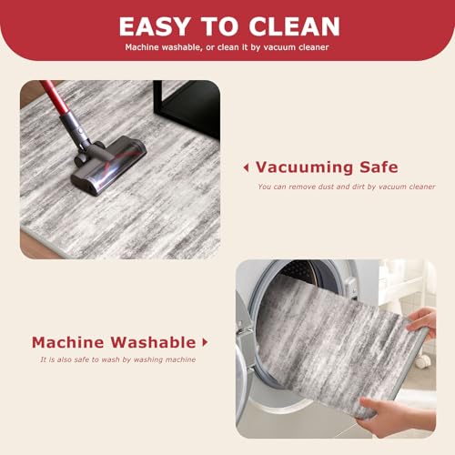 KOZYFLY Modern Abstract Washable Rug Runner 2.6x12 Hallway Rug Runner Non-Slip Soft Kitchen Runner Rugs, Grey/Light Beige/Brown Striped Carpet for Entryway Bathroom - color: Grey/Light Beige/Brown, size: 2'8" x 12' (Runner)