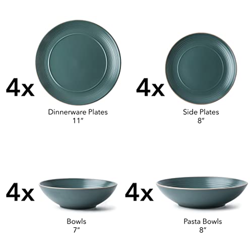 Arora RINGAR Round Stoneware 16pc Double Bowl Dinnerware Set for 4, Dinner Plates, Side Plates, Cereal Bowls, Pasta Bowls - Speckle Matte Green (431952) - color: Speckle Matte Green-Cereal/Pasta Bowl, style: Round-Service for 4(16pcs)