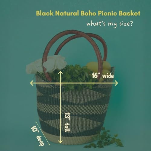 Black African Basket with Handles for Farmers Market and Picnic, 16 Inch Wide - color: Black Natural