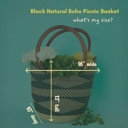 Black African Basket with Handles for Farmers Market and Picnic, 16 Inch Wide - color: Black Natural